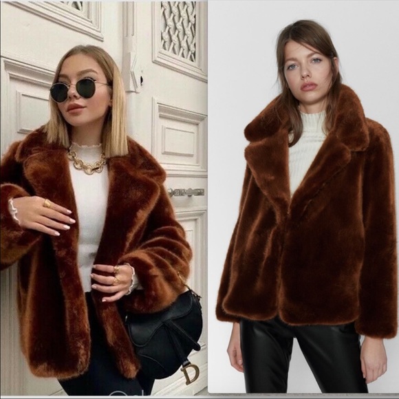 Zara Jackets & Blazers - NWOT Zara Faux Fur Coat in Brown/Brick